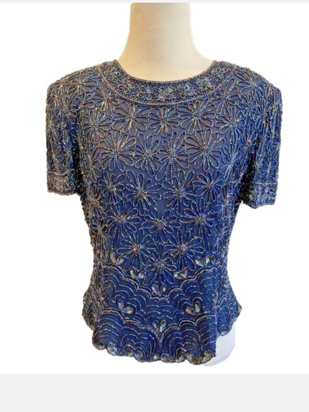 Adrianna Papell Navy Blue Beaded Floral Short Sleeve Top